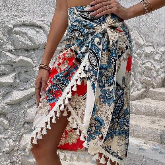 Multicolor Boho Womens Paisley Print Tassel Trim Wrap Knot Side Skirt - Picture 4 of 5